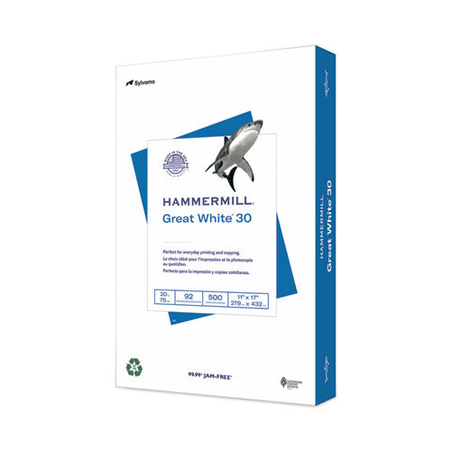 Image of Hammermill® Great White 30 Recycled Print Paper, 92 Bright, 20 lb Bond Weight, 11 x 17, White, 500/Ream