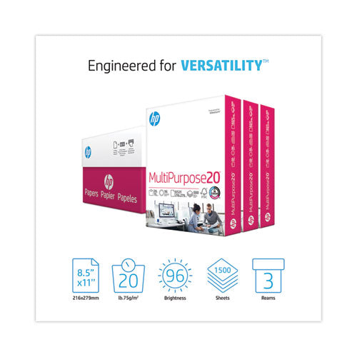 Image of HP Papers MultiPurpose20 Paper, 96 Bright, 20 lb Bond Weight, 8.5 x 11, White, 500 Sheets/Ream, 3 Reams/Carton