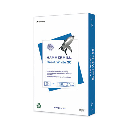 Image of Hammermill® Great White 30 Recycled Print Paper, 92 Bright, 20 lb Bond Weight, 8.5 x 14, White, 500/Ream