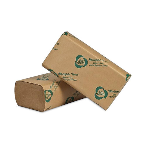 Image of Eco Green® Recycled Multifold Paper Towels, 1-Ply, 9.5 x 9.5, Natural Kraft, 250/Pack, 16 Packs/Carton