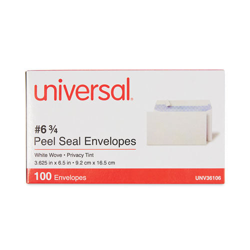 Image of Universal® Peel Seal Strip Security Tint Business Envelope, #6 3/4, Square Flap, Self-Adhesive Closure, 3.63 x 6.5, White, 100/Box
