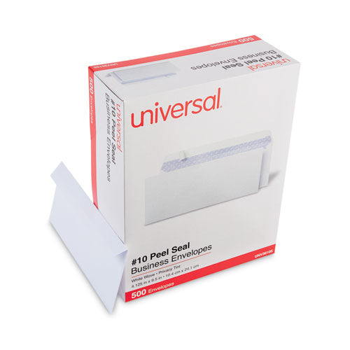 Image of Universal® Peel Seal Strip Security Tint Business Envelope, #10, Square Flap, Self-Adhesive Closure, 4.25 x 9.63, White, 500/Box