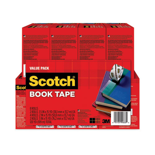 Image of Scotch® Book Tape Value Pack, 3" Core, (2) 1.5" X 15 Yds, (4) 2" X 15 Yds, (2) 3" X 15 Yds, Clear, 8/pack