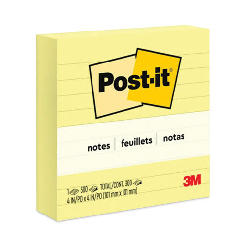Image of Post-it® Notes Original Pads in Canary Yellow, Note Ruled, 4" x 4", 300 Sheets/Pad