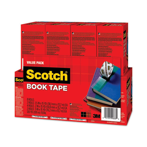 Image of Scotch® Book Tape Value Pack, 3" Core, (2) 1.5" X 15 Yds, (4) 2" X 15 Yds, (2) 3" X 15 Yds, Clear, 8/pack