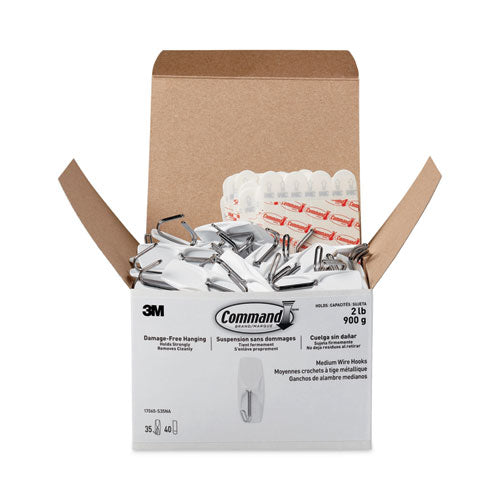 Image of Command General Purpose Hooks, Medium, Metal, White, 2 lb Capacity, 35 Hooks and 40 Strips/Pack