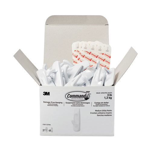 Image of Command General Purpose Hooks, Medium, Plastic, White, 3 lb Capacity, 37 Hooks and 48 Strips/Pack