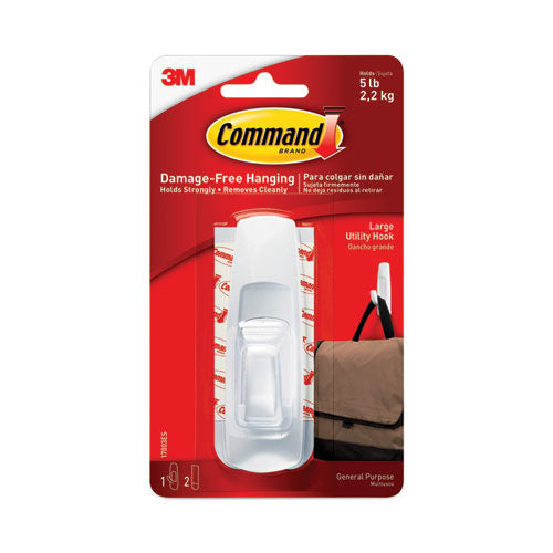 Image of Command General Purpose Hooks, Large, Plastic, White, 5 lb Capacity, 1 Hook and 2 Strips/Pack