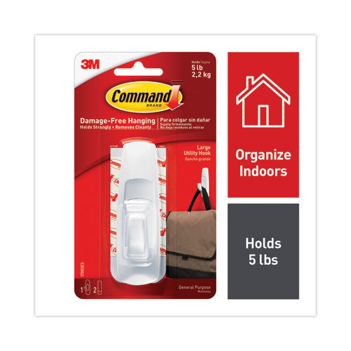 Image of Command General Purpose Hooks, Large, Plastic, White, 5 lb Capacity, 1 Hook and 2 Strips/Pack