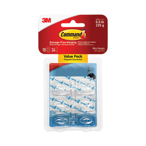Image of Command Clear Hooks and Strips, Mini, Plastic, 0.5 lb Capacity, 18 Hooks and 24 Strips/Pack