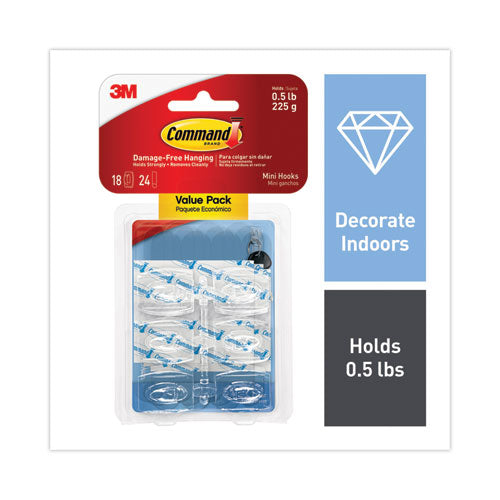 Image of Command Clear Hooks and Strips, Mini, Plastic, 0.5 lb Capacity, 18 Hooks and 24 Strips/Pack