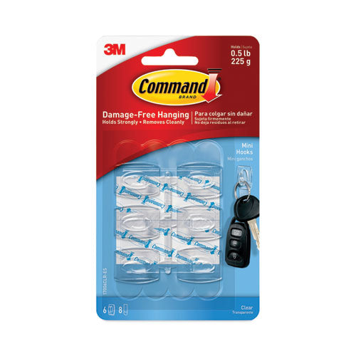 Image of Command Clear Hooks and Strips, Mini, Plastic, 0.5 lb Capacity, 6 Hooks and 8 Strips/Pack