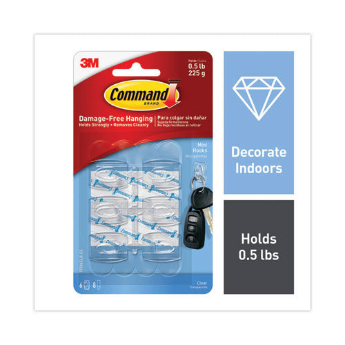 Image of Command Clear Hooks and Strips, Mini, Plastic, 0.5 lb Capacity, 6 Hooks and 8 Strips/Pack