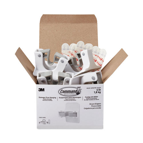 Image of Command Broom Gripper, 3.12w x 1.85d x 3.34h, White/Gray, 6 Grippers/16 Strips/Pack