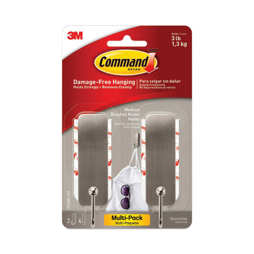 Image of Command Decorative Hooks, Medium, Metal, Brushed Nickel, 3 lb Capacity, 2 Hooks and 4 Strips/Pack