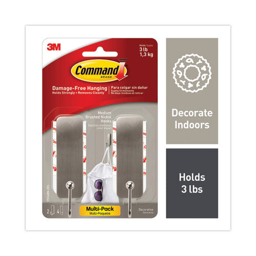 Image of Command Decorative Hooks, Medium, Metal, Brushed Nickel, 3 lb Capacity, 2 Hooks and 4 Strips/Pack