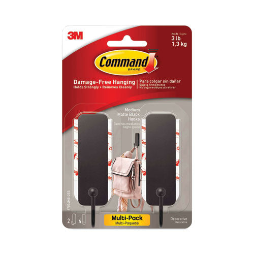 Image of Command Decorative Hooks, Medium, Plastic, Matte Black, 3 lb Capacity, 2 Hooks and 4 Strips/Pack