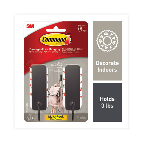 Image of Command Decorative Hooks, Medium, Plastic, Matte Black, 3 lb Capacity, 2 Hooks and 4 Strips/Pack
