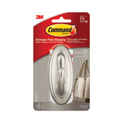 Image of Command Decorative Hooks, Traditional, Large, Plastic, Silver, 5 lb Capacity, 1 Hook and 2 Strips/Pack