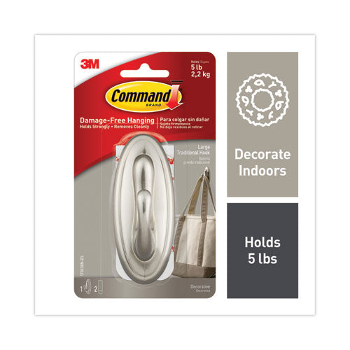 Image of Command Decorative Hooks, Traditional, Large, Plastic, Silver, 5 lb Capacity, 1 Hook and 2 Strips/Pack