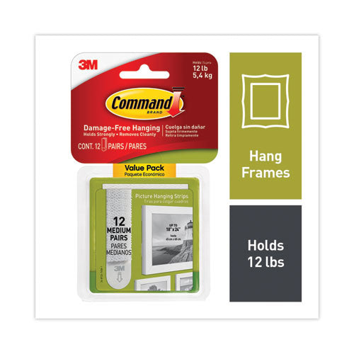 Image of Command Picture Hanging Strips, Value Pack, Medium, Removable, Holds Up To 12 Lbs, 0.75 X 2.75, White, 12 Pairs/pack