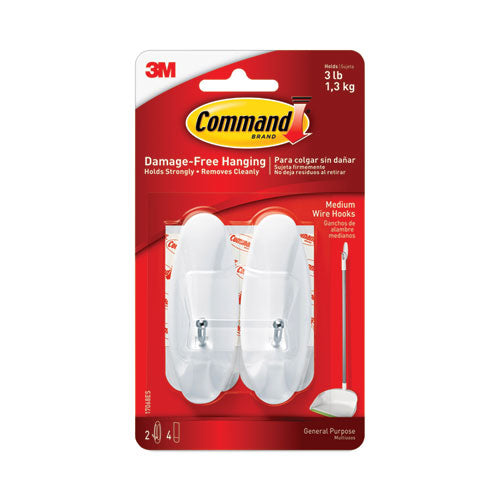 Image of Command General Purpose Wire Hooks, Medium, Metal, White, 3 lb Capacity, 2 Hooks and 4 Strips/Pack