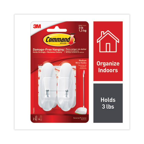 Image of Command General Purpose Wire Hooks, Medium, Metal, White, 3 lb Capacity, 2 Hooks and 4 Strips/Pack