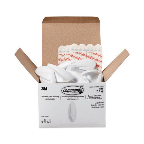 Image of Command Designer Hooks, Large, Plastic, White, 5 lb Capacity, 16 Hooks and 24 Strips/Pack