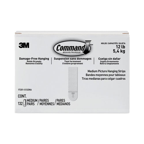 Image of Command Picture Hanging Strips, Value Pack, Medium, Removable, Holds Up To 12 Lbs, 0.75 X 2.75, White, 132 Pairs/pack