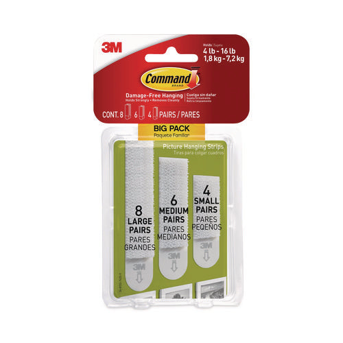 Image of Command Picture Hanging Strips Big Pack, Removable, (4) Small, (6) Medium, (8) Large, White, 18 Pairs/pack