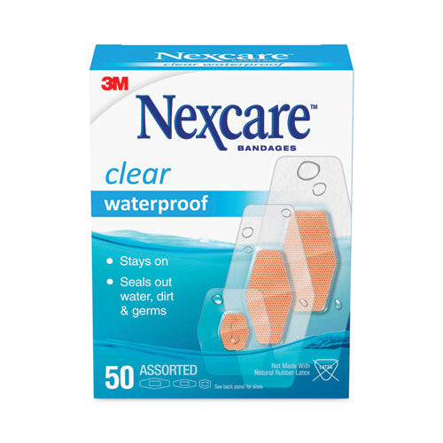 Image of 3M Nexcare Waterproof, Clear Bandages, Assorted Sizes, 50/box