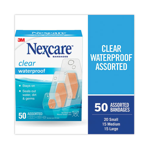 Image of 3M Nexcare Waterproof, Clear Bandages, Assorted Sizes, 50/box