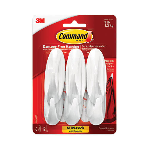 Image of Command Designer Hooks, Medium, Plastic, White, 3 lb Capacity, 6 Hooks and 12 Strips/Pack