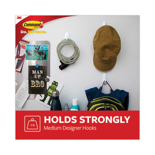 Image of Command Designer Hooks, Medium, Plastic, White, 3 lb Capacity, 6 Hooks and 12 Strips/Pack
