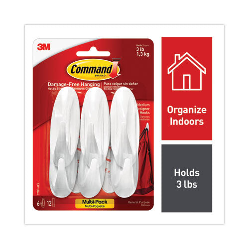 Image of Command Designer Hooks, Medium, Plastic, White, 3 lb Capacity, 6 Hooks and 12 Strips/Pack