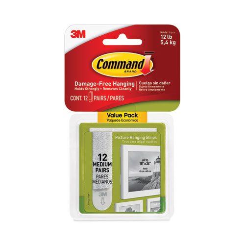 Image of Command Picture Hanging Strips, Value Pack, Medium, Removable, Holds Up To 12 Lbs, 0.75 X 2.75, White, 12 Pairs/pack