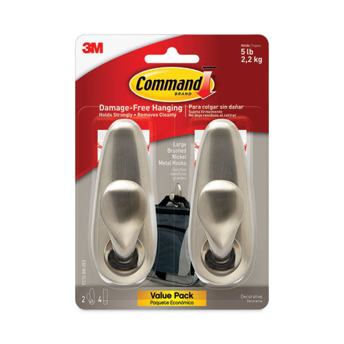 Image of Command Adhesive Mount Metal Hook, Large, Brushed Nickel Finish, 5 lb Capacity, 2 Hooks and 4 Strips/Pack