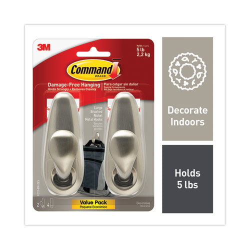 Image of Command Adhesive Mount Metal Hook, Large, Brushed Nickel Finish, 5 lb Capacity, 2 Hooks and 4 Strips/Pack