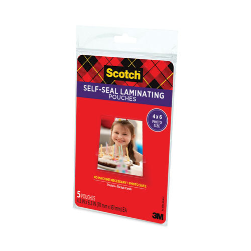Image of Scotch Self-Sealing Laminating Pouches, 9.5 Mil, 4.38" X 6.38", Gloss Clear, 5/pack
