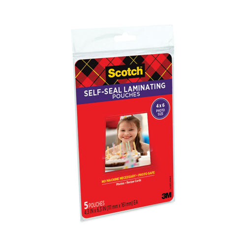 Image of Scotch Self-Sealing Laminating Pouches, 9.5 Mil, 4.38" X 6.38", Gloss Clear, 5/pack