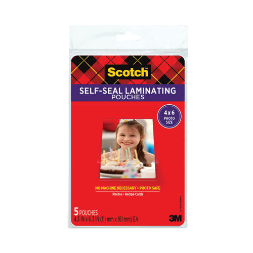 Image of Scotch Self-Sealing Laminating Pouches, 9.5 Mil, 4.38" X 6.38", Gloss Clear, 5/pack