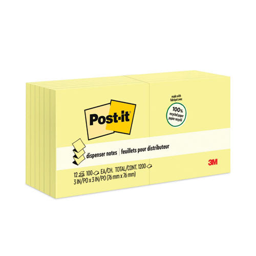 Image of Post-it® Greener Notes Original Recycled Pop-up Notes, 3" x 3", Canary Yellow, 100 Sheets/Pad, 12 Pads/Pack