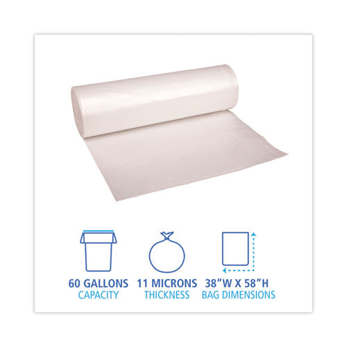 Image of Boardwalk® High-Density Can Liners, 60 gal, 11 mic, 38" x 58", Natural, Perforated Roll, 25 Bags/Roll, 8 Rolls/Carton