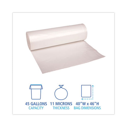 Image of Boardwalk® High-Density Can Liners, 45 gal, 11 mic, 40" x 46", Natural, Perforated Roll, 25 Bags/Roll, 10 Rolls/Carton