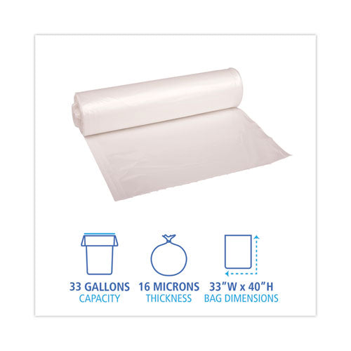 Image of Boardwalk® High Density Industrial Can Liners Coreless Rolls, 33 gal, 16 mic, 33" x 40", Natural, Perforated, 25 Bags/Roll, 10 Rolls/CT