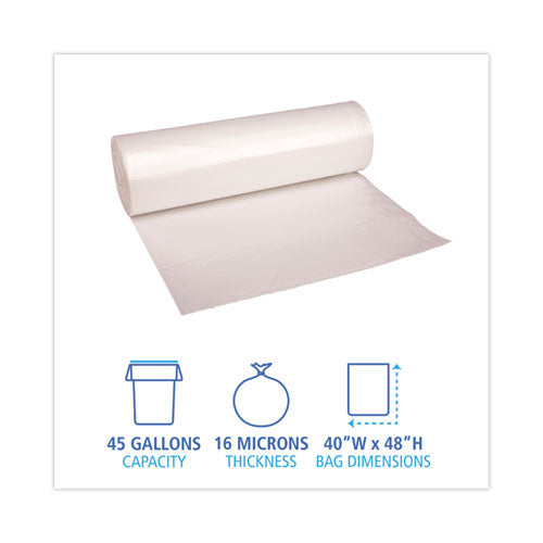Image of Boardwalk® High Density Industrial Can Liners Coreless Rolls, 45 gal, 16 mic, 40" x 48", Natural, Perforated, 25 Bags/Roll, 10 Rolls/CT