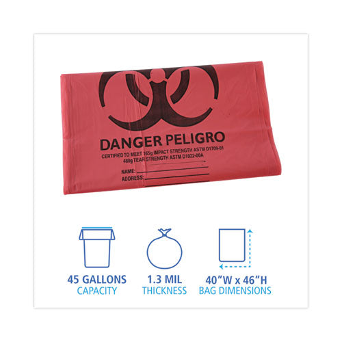 Image of Boardwalk® Linear Low Density Health Care Trash Can Liners, 45 gal, 1.3 mil, 40" x 46", Red, Flat Pack, 100/Carton
