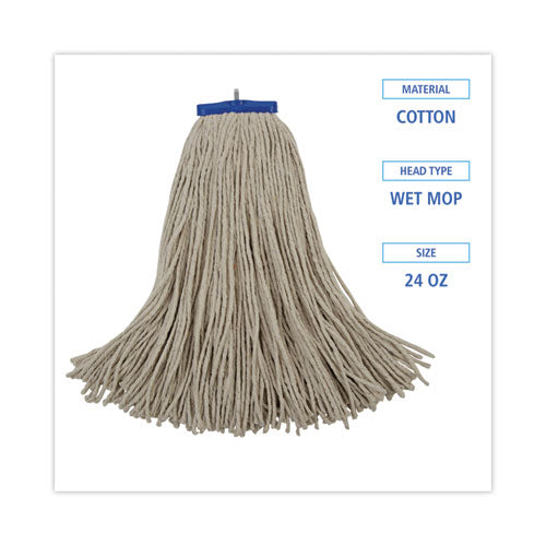 Image of Boardwalk® Cut-End Lie-Flat Wet Mop Head, Cotton, 24oz, White, 12/carton