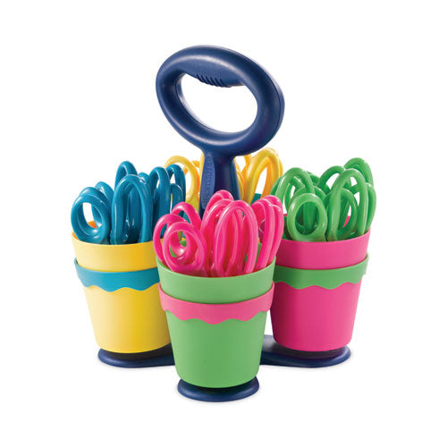 Image of Westcott® Scissor Caddy with Kids' Scissors, Pointed Tip, 5" Long, 2" Cut Length, Straight Assorted Color Handles, 24/Set