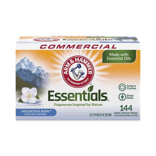 Image of Arm & Hammer Essentials Dryer Sheets, Mountain Rain, 144 Sheets/box, 6 Boxes/carton